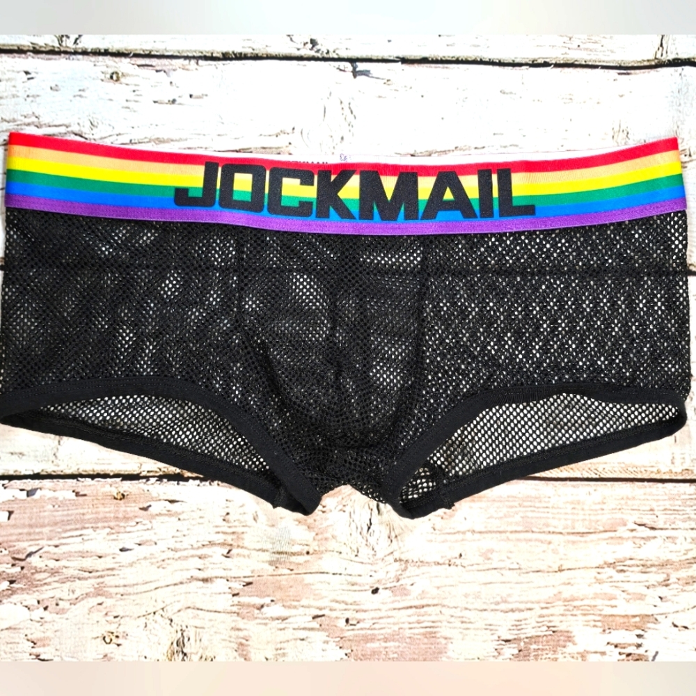 Jockmail Men's Black Mesh Boxer Briefs with Rainbow Waistband